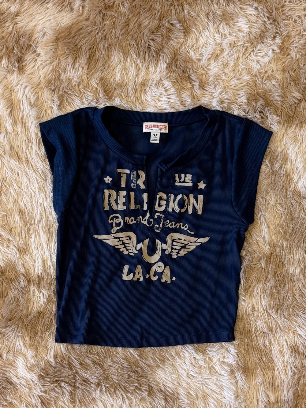 True Religion Navy Graphic Tee with Beige Logo